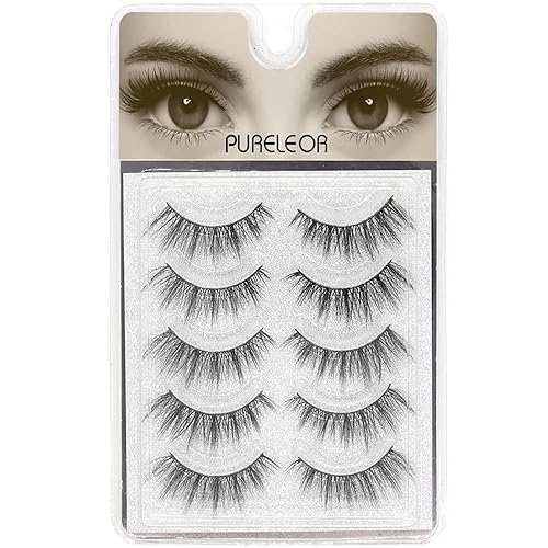 PURELEOR Natural Look Eyelashes 3D Mink Cat Eye Lash Wispies 15mm Manga Lashes 5 Pairs Soft Reusable False Eyelashes Lightweight, No Glue Included Beauty & Personal Care PURELEOR