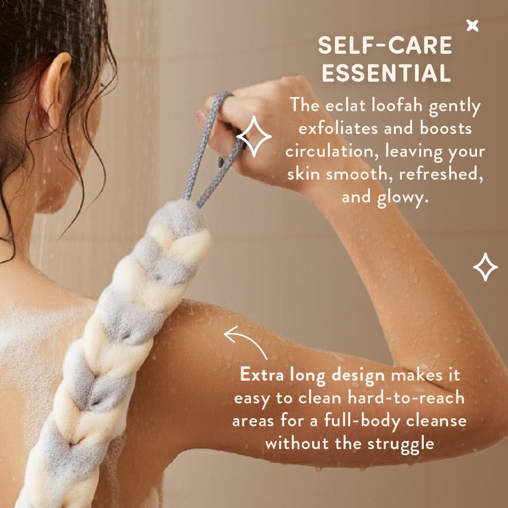 Éclat Long Stretch Back Loofah, Braided Mesh Shower Sponge with Rope Handles, Exfoliating Body Scrubber, Long Handle Bath Pouf for Deep Cleansing Beauty and Personal Care Éclat
