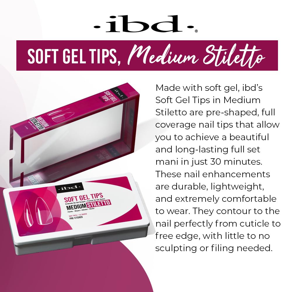 IBD Clear Soft Gel Nail Tips Almond Medium Stiletto - Pre-Etched Full Cover Nail Extensions for Acrylic & Gel Manicures, Lightweight Press On Nails