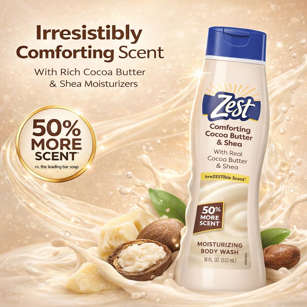 Zest Body Wash - Enriched with Wild Cocoa Butter and Shea - Hydrating Body Soap - Suitable for All Skin Types - Cocoa Butter and Shea - 20 oz Beauty & Personal Care Zest