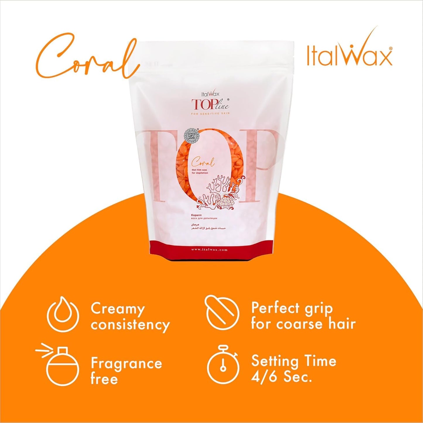 Italwax Top Line Coral Hard Wax Beads 1.65 lb (750 g) - Creamy Strong Grip Wax for Bikini & Coarse Hair, Suitable for Sensitive Skin, Professional Use Beauty and Personal Care Italwax