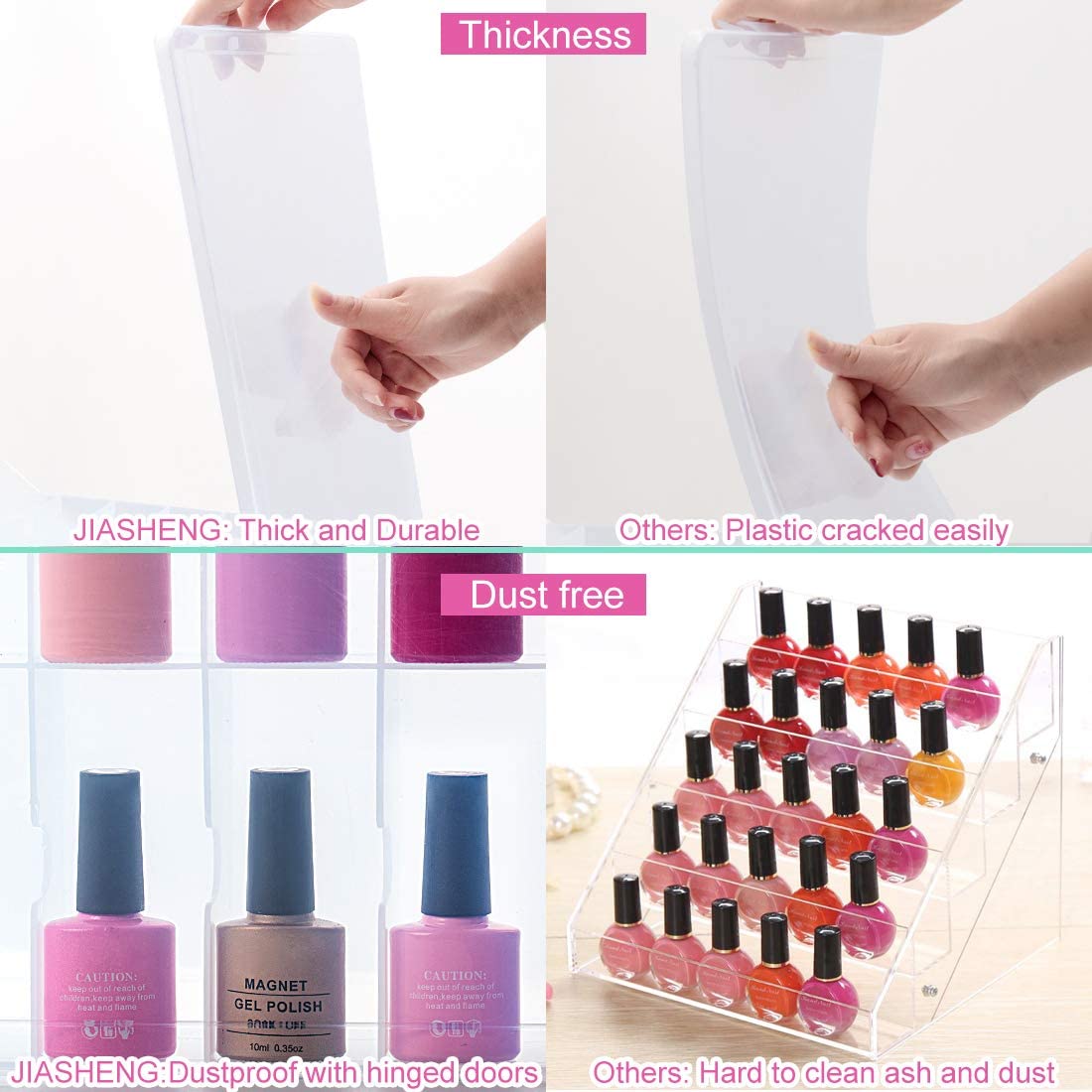 JIASHENG Nail Polish Organizer Case for 48 Bottles, Gel Nail Polish Storage Holder Double Side Adjustable Space Divider for Acrylic Nail Gel Dip Beauty & Personal Care JIASHENG