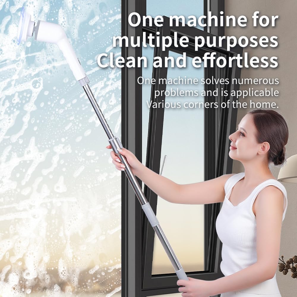 Electric Spin Scrubber, 360 Degrees 3 Speeds Power Cordless Shower Scrubber with 8 Replaceable Brush Heads and Adjustable Extension Arm for Bathroom Beauty and Personal Care Ejoyous