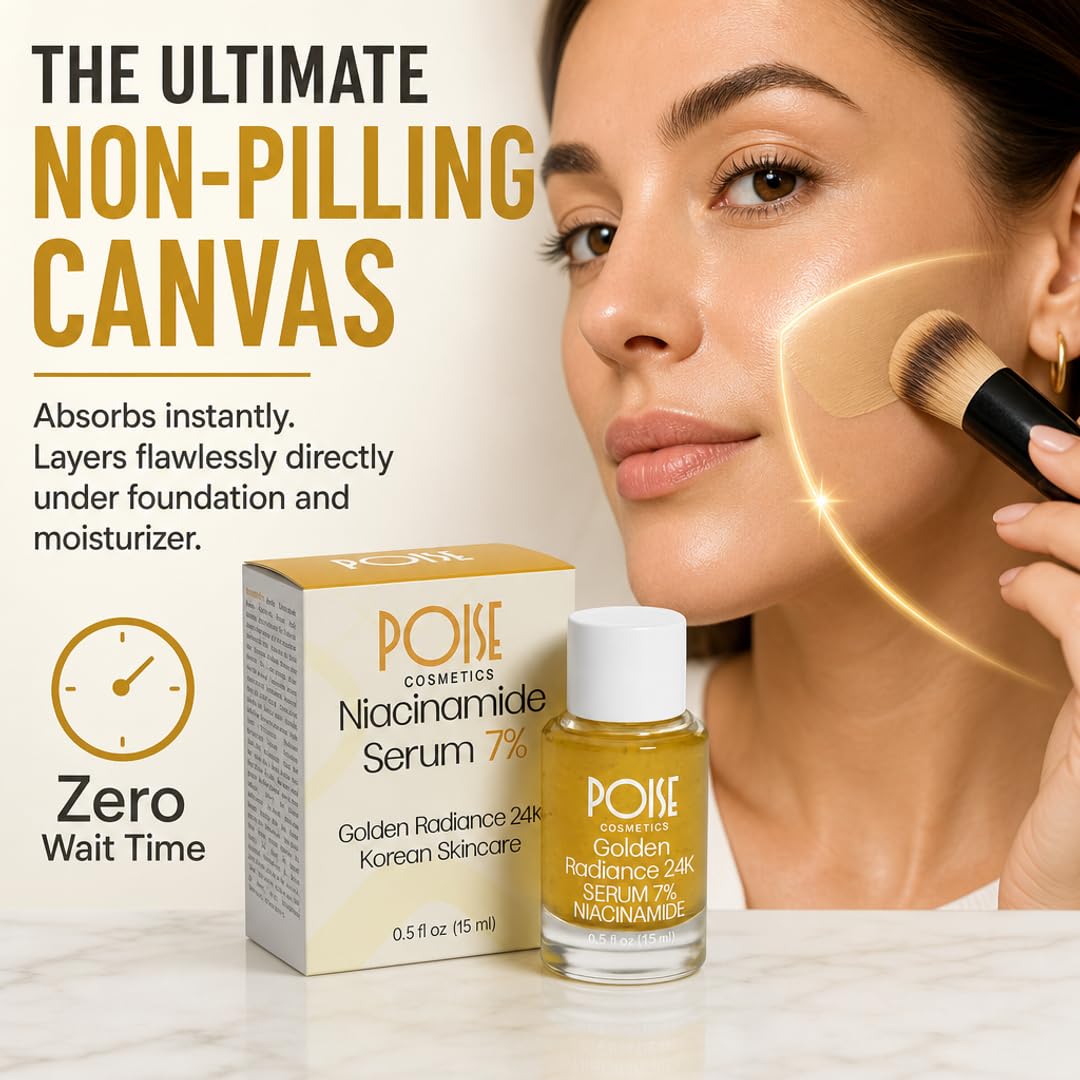 POISE COSMETICS 24K Golden Radiance Serum, Niacinamide and Vitamin C Serum for Vibrancy and Hydration, Helps Even Skin Tone for a Youthful Glow (0.5