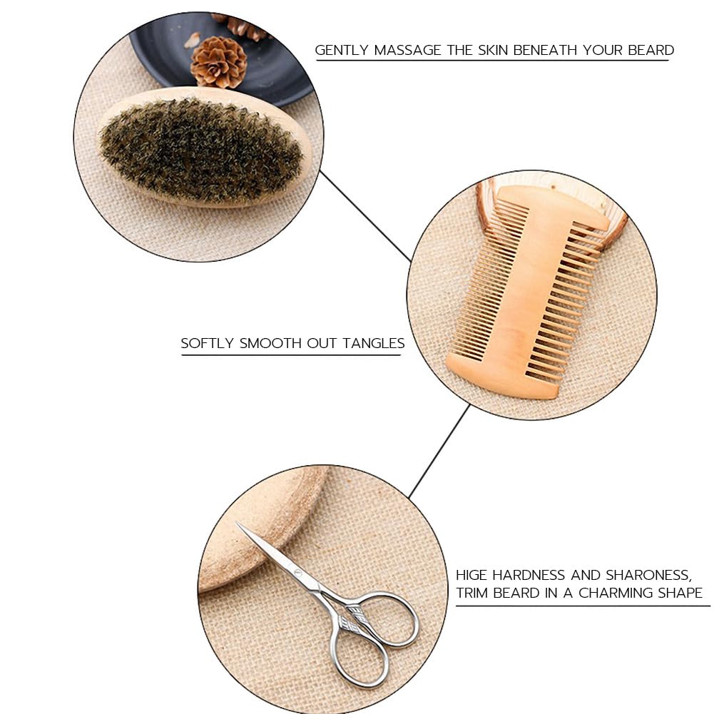 Hair Dough Beard Brush & Comb, Scissors Set for Men, Set Includes Soft Boar Bristle Brush, Bamboo Wide Tooth Comb, and Mustache Trimming Scissors Beauty & Personal Care AOHO MOOON