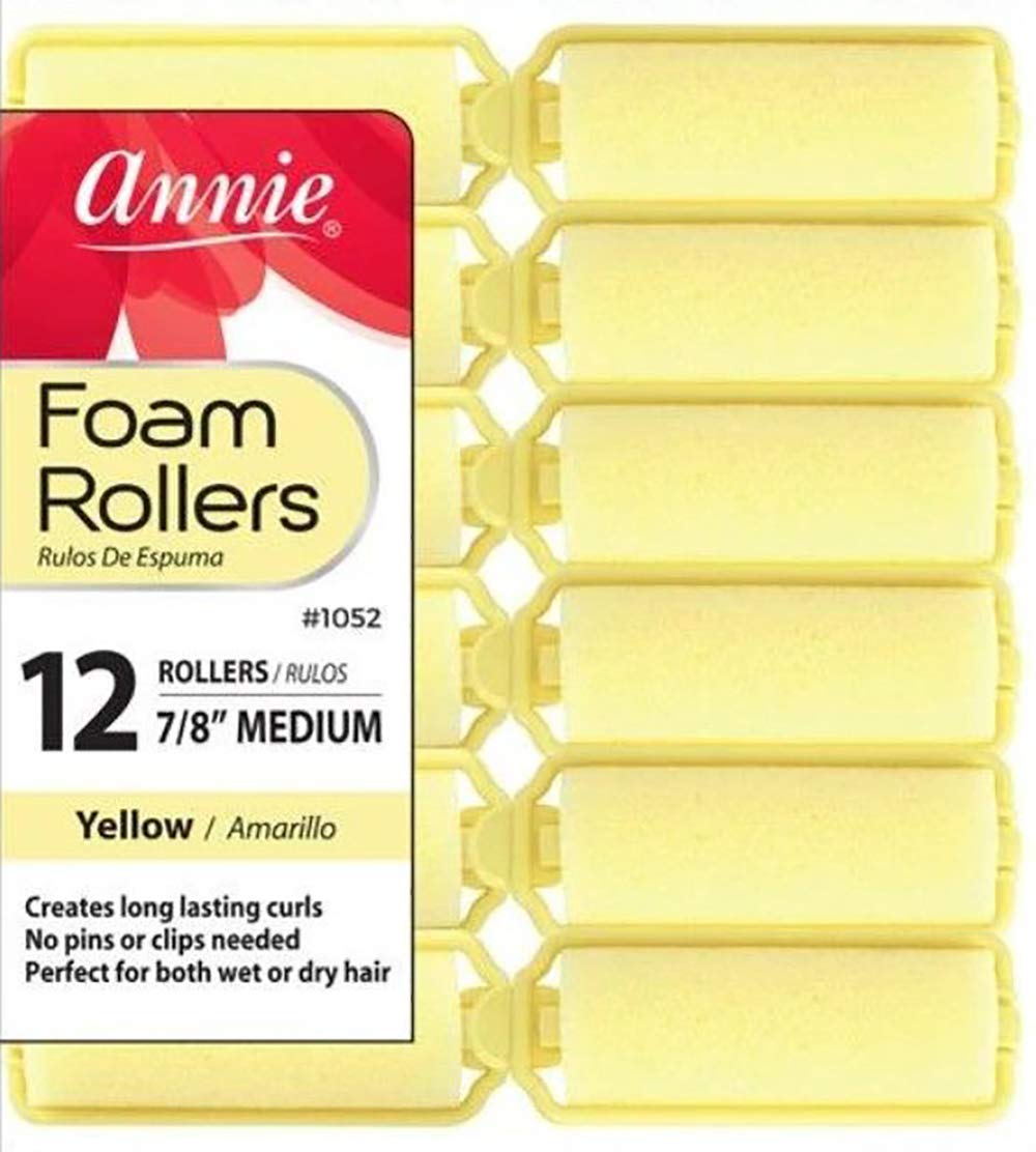 Annie Foam Hair Rollers 7/8 Inch Medium, 12 Count Yellow Soft Sponge Curlers for Heatless Curls, No Pins or Clips Needed, For Wet or Dry Hair, Tight