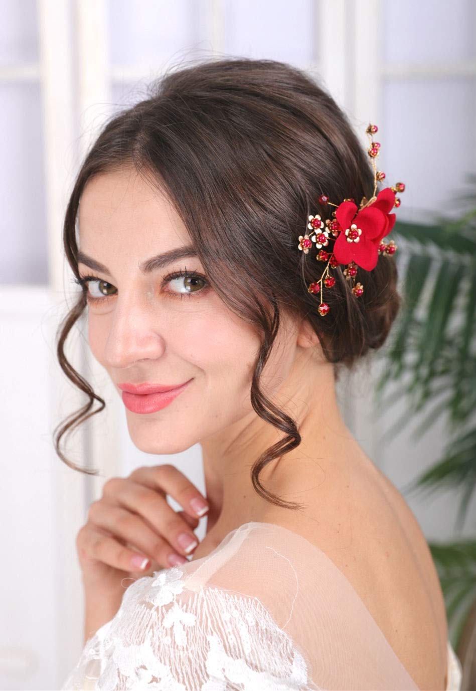 Sither Red Hair Clip for Bridal Floral Hair Comb for Women Wedding Hair Accessories for Bride Hair Clip Headpiece for Wedding Party Prom Gift Beauty & Personal Care Sither