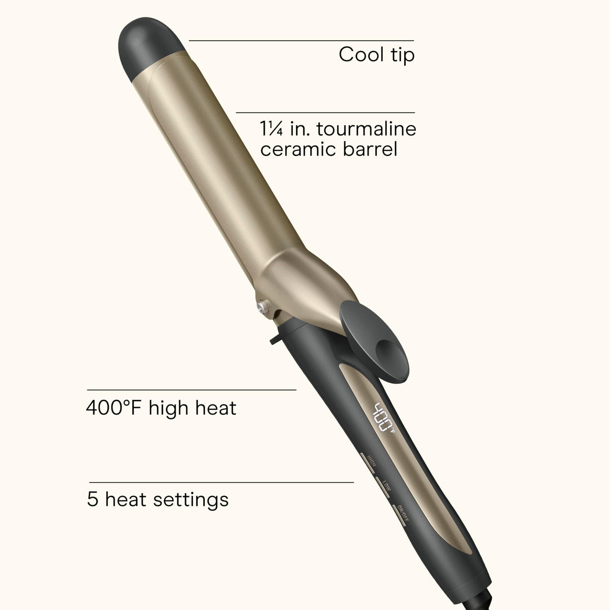Conair INFINITIPRO Tourmaline Ceramic Curling Iron 1-1/4 inch Barrel with 5 Heat Settings up to 400°F and Digital Display, Lightweight Hair Styling