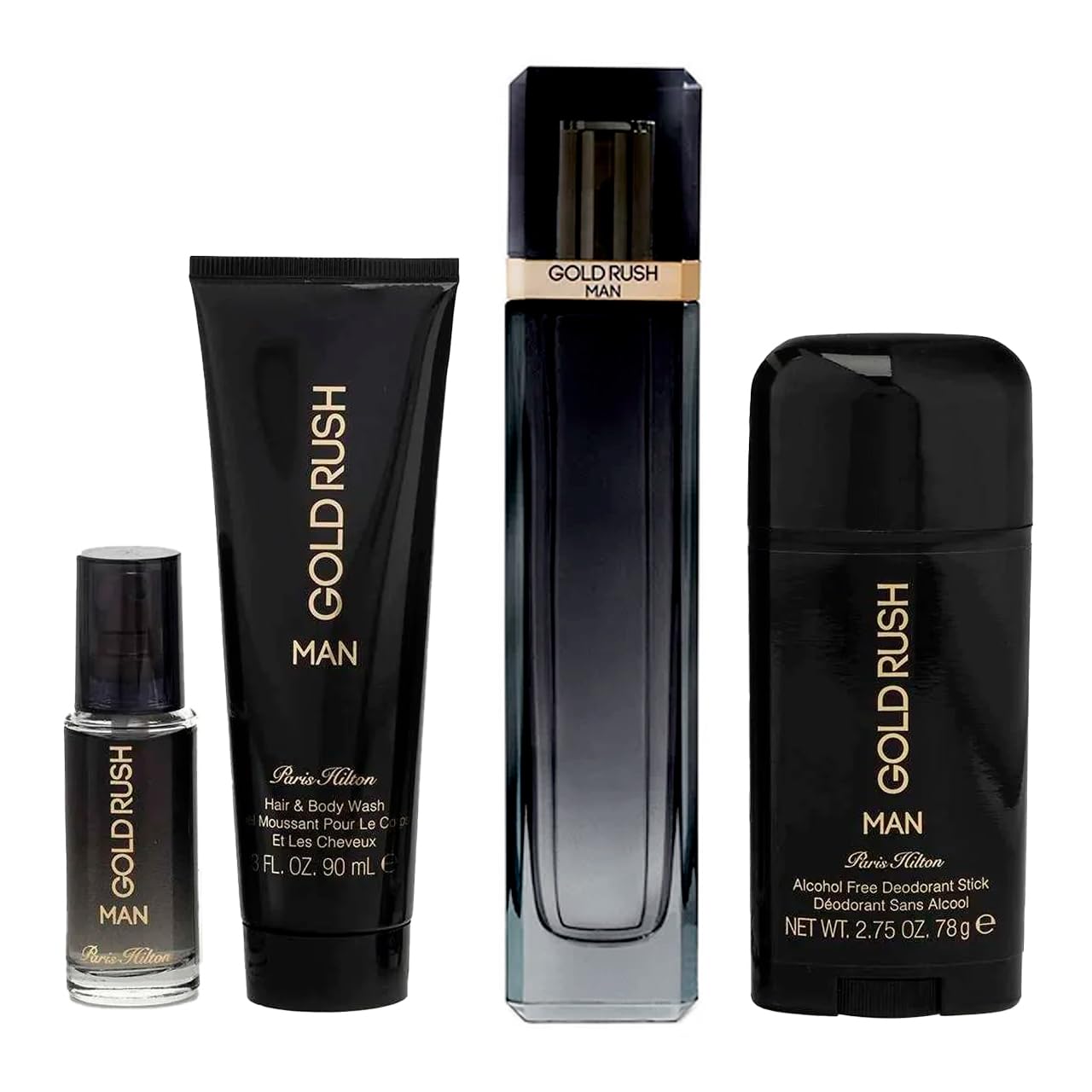 Gold Paris Hilton Gold Rush Man Men 3.4oz EDT Spray, 0.5oz EDT Spray, 3.0oz Hair Body Wash, 2.75oz Alcohol Free Deodorant Stick 4 Pc Gift Set , Beauty & Personal Care Paris Hilton