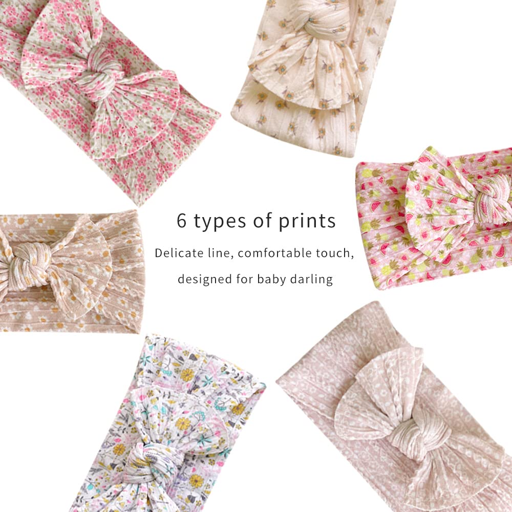 Jralon Set of 6 Baby Girl Headbands, Soft Nylon Bow Hairbands for Infants and Toddlers, Floral Hair Accessories