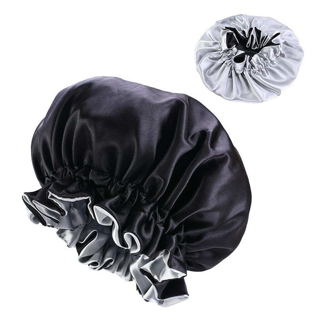 Magik Double-sided Cover Satin Night Sleep Cap Hair Bonnet Hat Head w/Elastic Band (2 Pack, Black/Silver) Beauty and Personal Care Magik