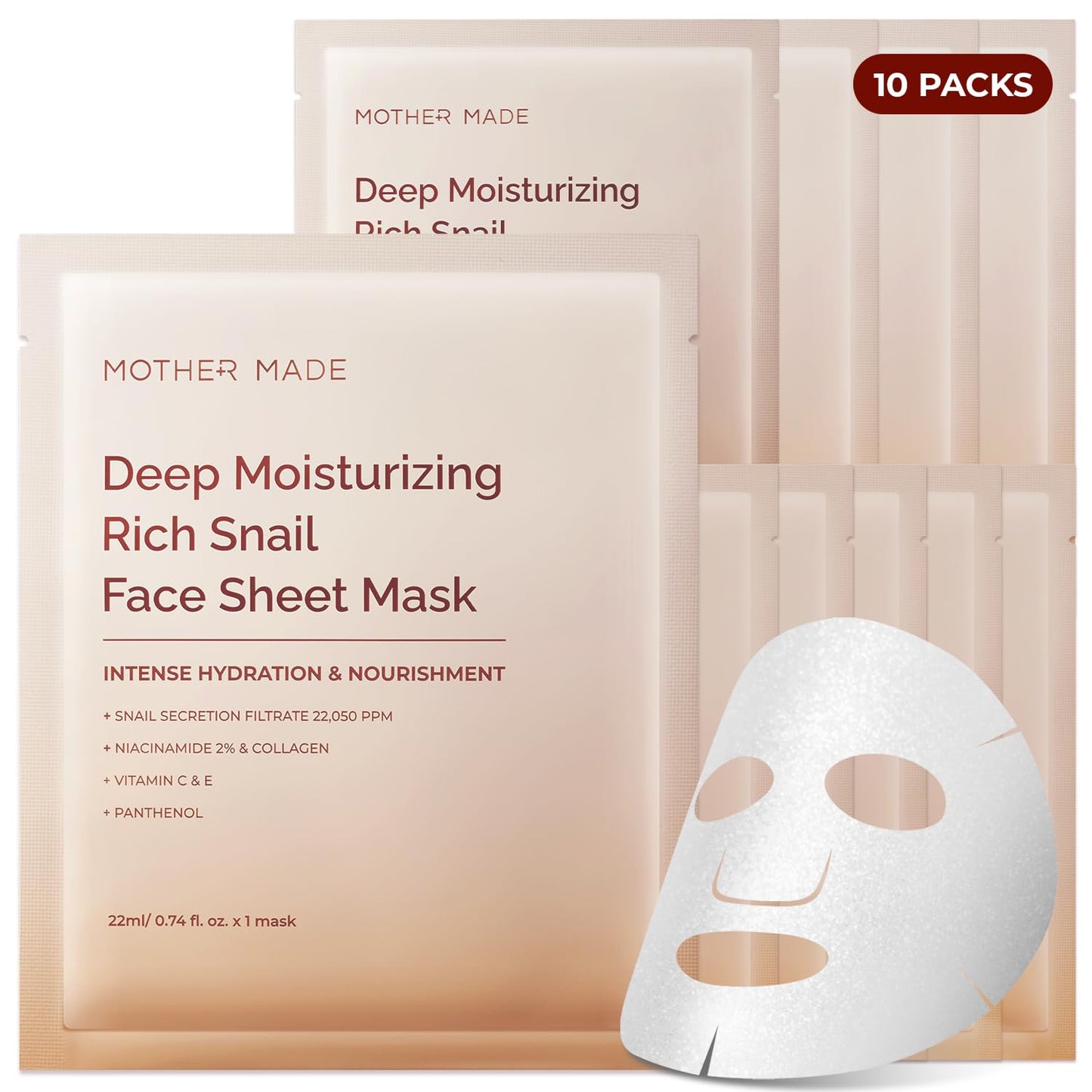 MOTHER MADE Glowing Glass Skin Hydrating Snail Deep Collagen Face Masks 10 EA, with Niacinamide 2%, Vitamin E, Facial Masks for Dry, Sensitive Skin Beauty & Personal Care MOTHER MADE