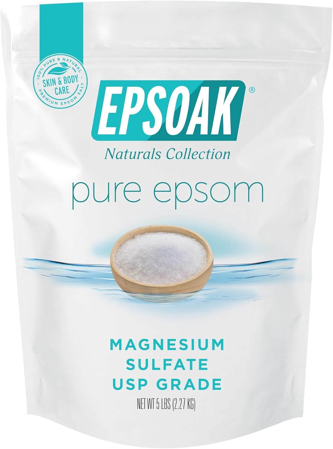 Epsoak Epsom Salt 5 lb. Magnesium Sulfate USP. Resealable Epsom Salt Bag Unscented, Made in The USA, Cruelty-Free Certified Beauty and Personal Care Epsoak