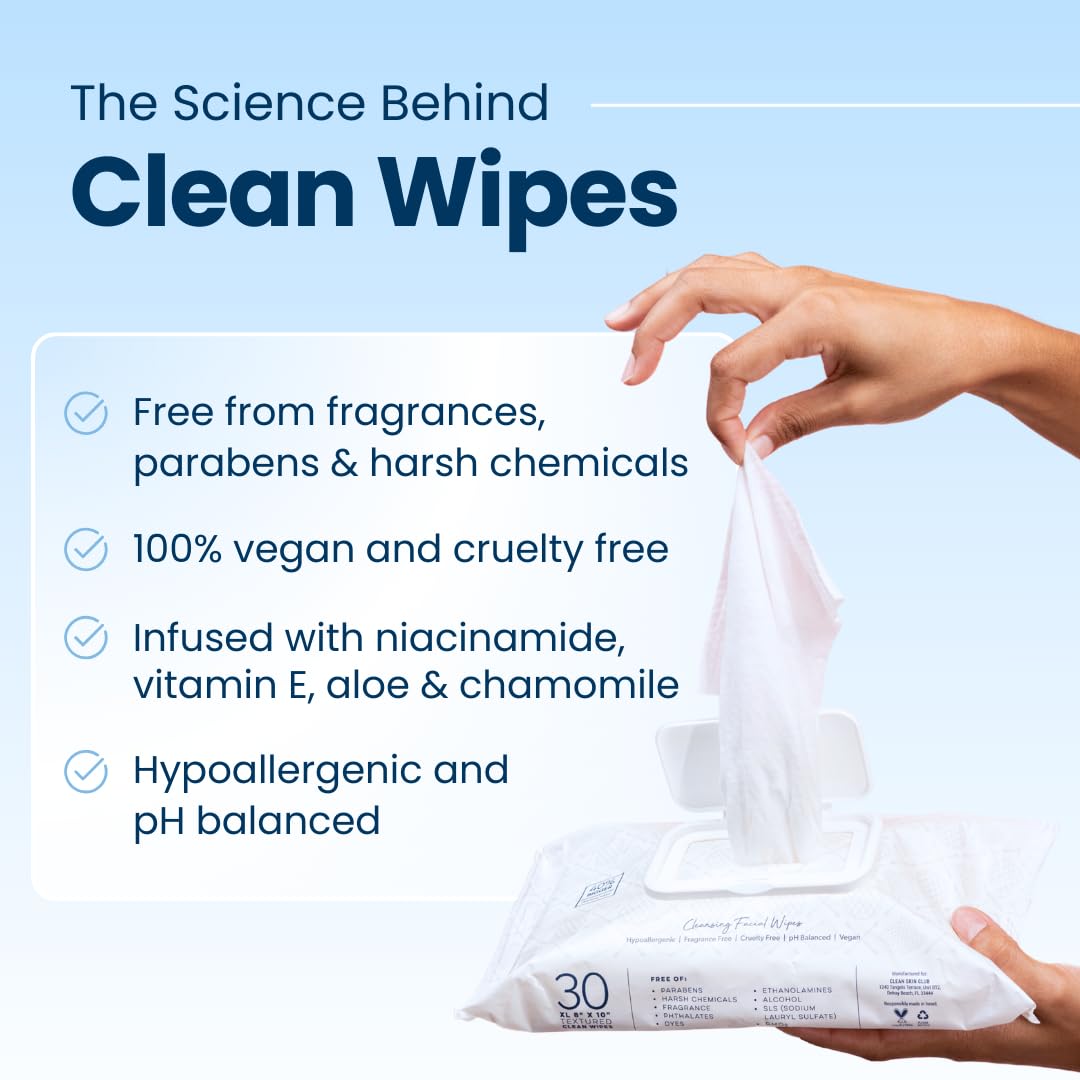 Clean Skin Club Clean Wipes, XL Makeup Remover Face Wipes, Textured Cleansing Facial Wipes for Sensitive Skin, Hypoallergenic, Fragrance-Free, Vegan Beauty & Personal Care CLEAN SKIN CLUB
