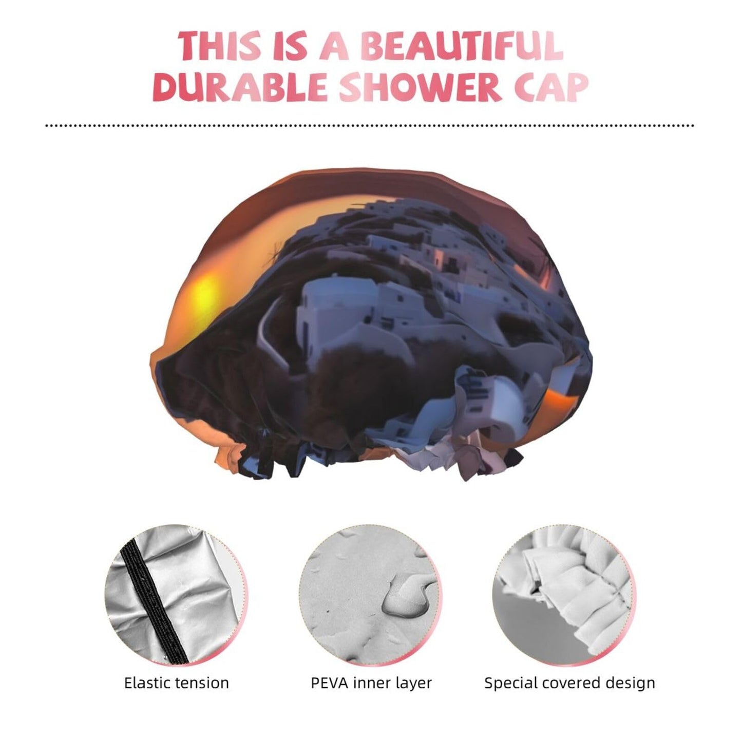 Greece Island Sunset Landscape Shower Cap for Women Men Large Reusable Shower Bonnet Double-Layer Waterproof Bath Caps Elastic Band Hair Hat for All Beauty and Personal Care BWLHJKE