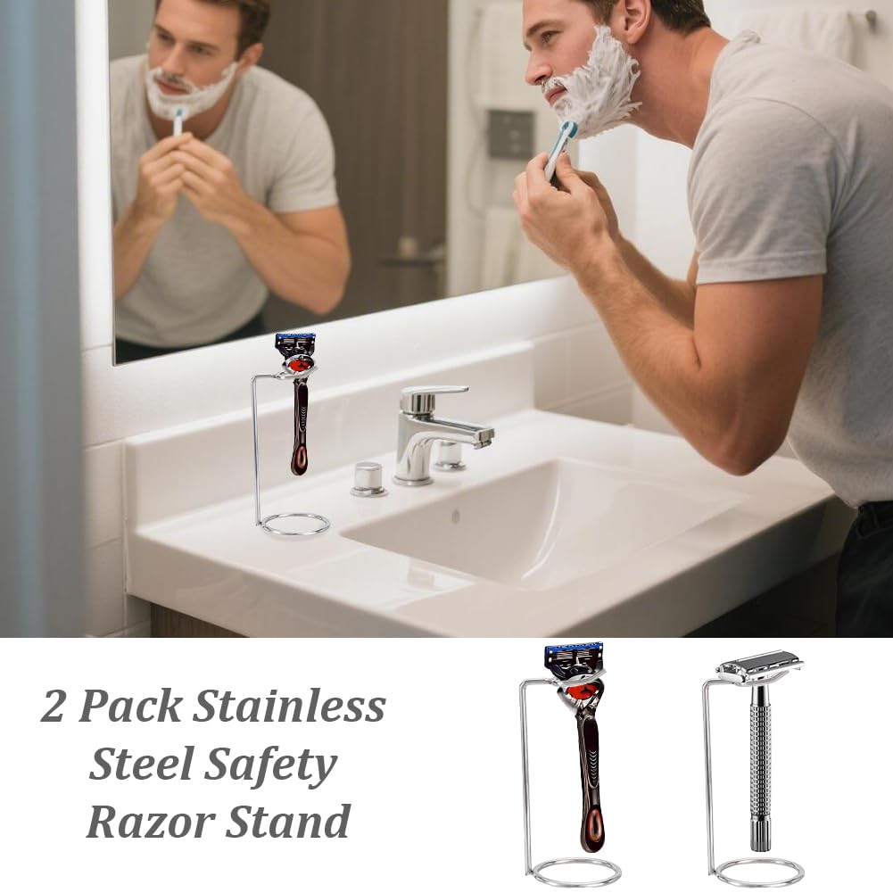 AHANDMAKER 2 Pack Stainless Steel Safety Razor Stand for Razors and Brushes 2x4.8in Heavy Duty Razor Holder Shaving Brush Organizer for Bathroom Beauty and Personal Care AHANDMAKER