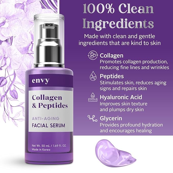 Envy Face Serum Duo Pack Hyaluronic & Salicylic Acid 1.69 fl oz and Collagen & Peptides 1.69 fl oz Beauty & Personal Care KLAR & CO