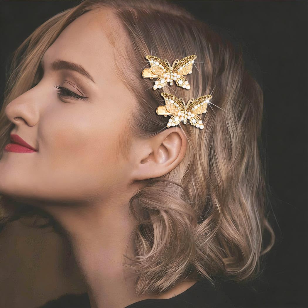BARTOSI Butterfly Hair Clips Gold Rhinestone Hair Clip Small Fancy Butterfly Hair Accessories for Women and Girls (Pack of 2) Beauty & Personal Care BARTOSI