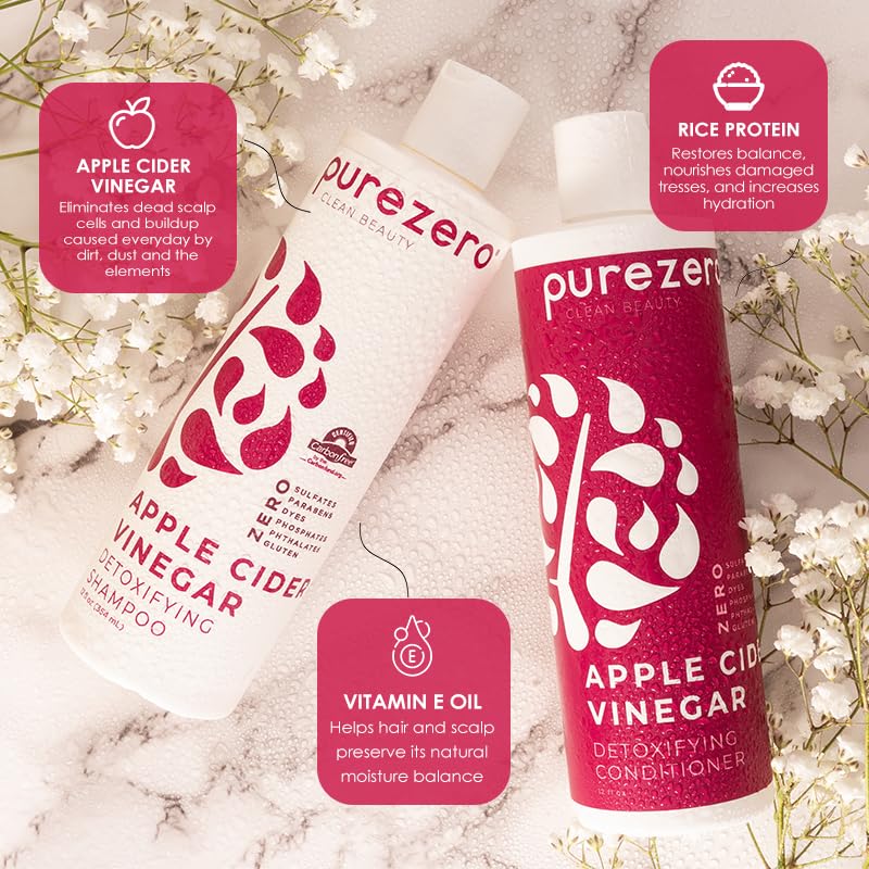 Purezero Apple Cider Vinegar Shampoo & Conditioner Set - Detox Scalp & Hair - pH balanced -Increase Hydration - Zero Sulfates, Parabens, Dyes - 100% Beauty & Personal Care Purezero