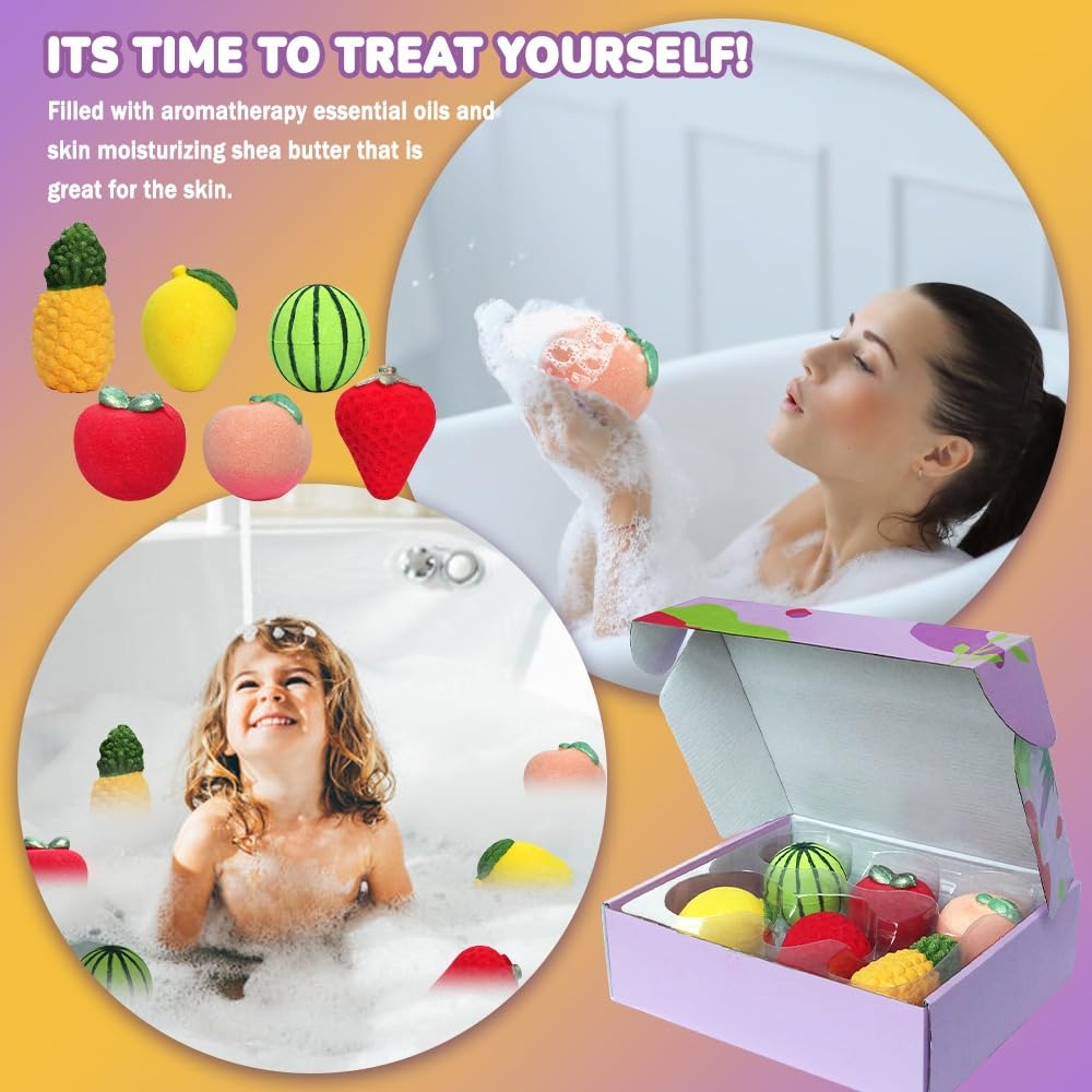 Kids Bath Bomb Gift Set - 6 Large 150g Fruit-Scented Bath Bombs with Matching Scents - Natural & Vegan - Strawberry, Peach, Mango, Pineapple Beauty and Personal Care KAV