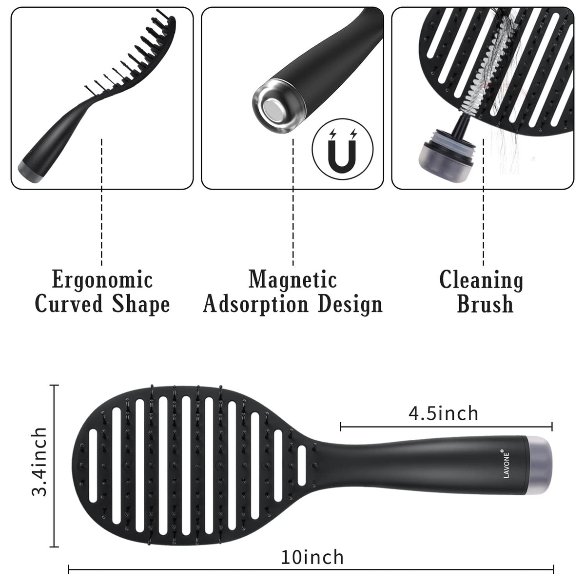 Curved Vented Hairbrush Faster Blow Drying - Detangling Brush with Built in Cleaner, Magnetic Holder and Hair Clips for Women, Men & Kids - Black Beauty & Personal Care LAVONE