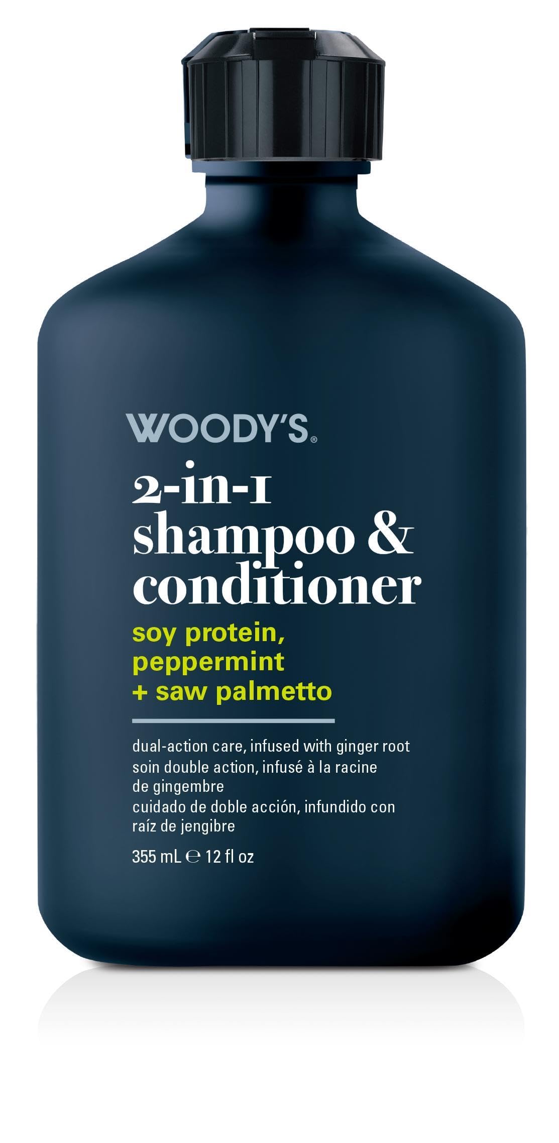Woody’s 2-in-1 Shampoo & Conditioner - Men’s Hair Cleanser with Saw Palmetto, Soy Protein, Peppermint & Menthol Scalp Care, Paraben & Sulfate-Free, 12