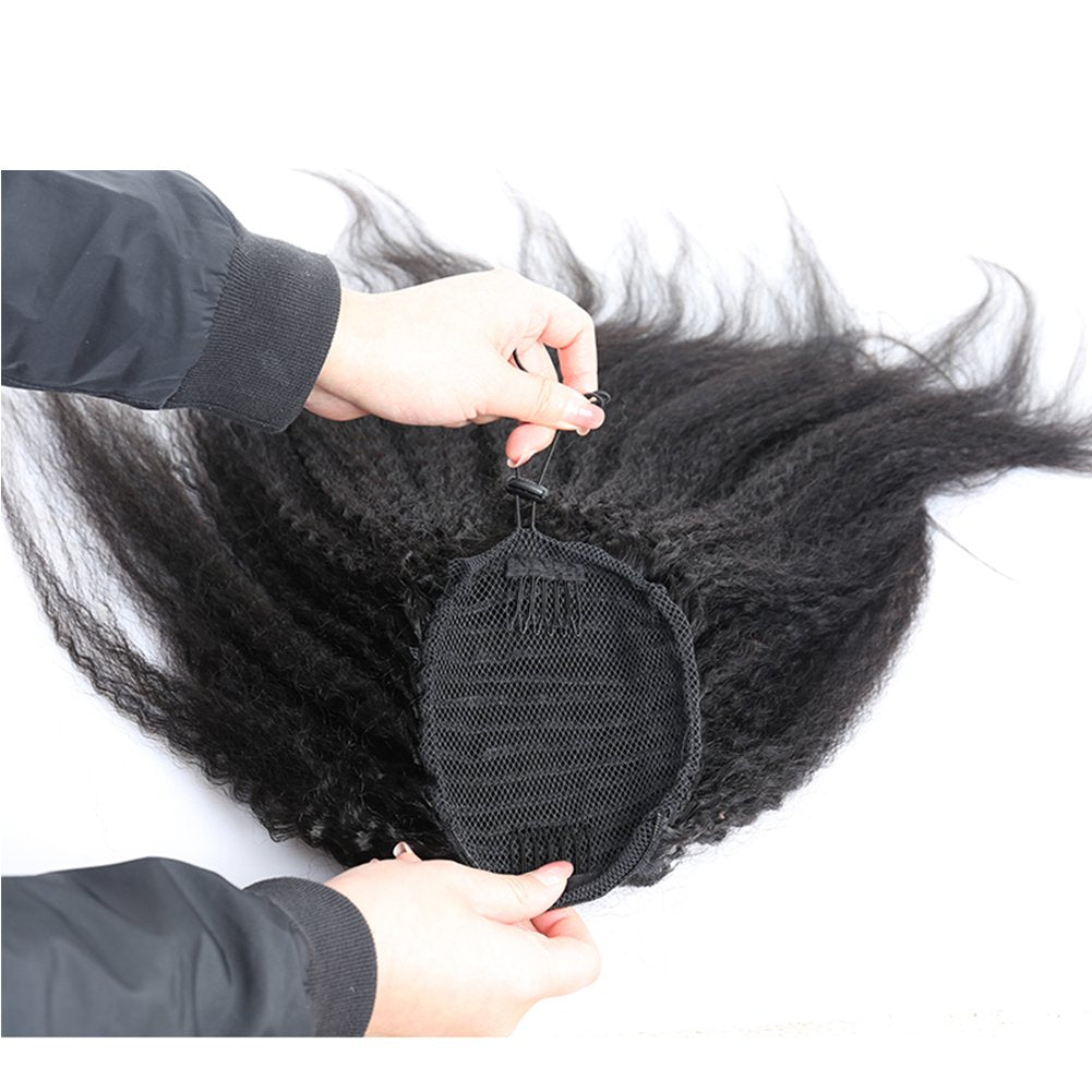 Wrap Drawstring Short Afro Kinky Straight Human Hair Puff Ponytail Extensions with Clips Coarse Yaki Straight Natural Curly Top Closure Clip Ins