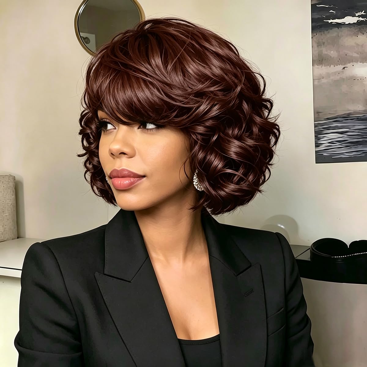 Short Curly Pixie Cut Wig with Bangs, Wavy Bob Style, fashion Black & Burgundy Brown 99J, Women's Hair Wig Synthetic Hair Wigs For Women Heat