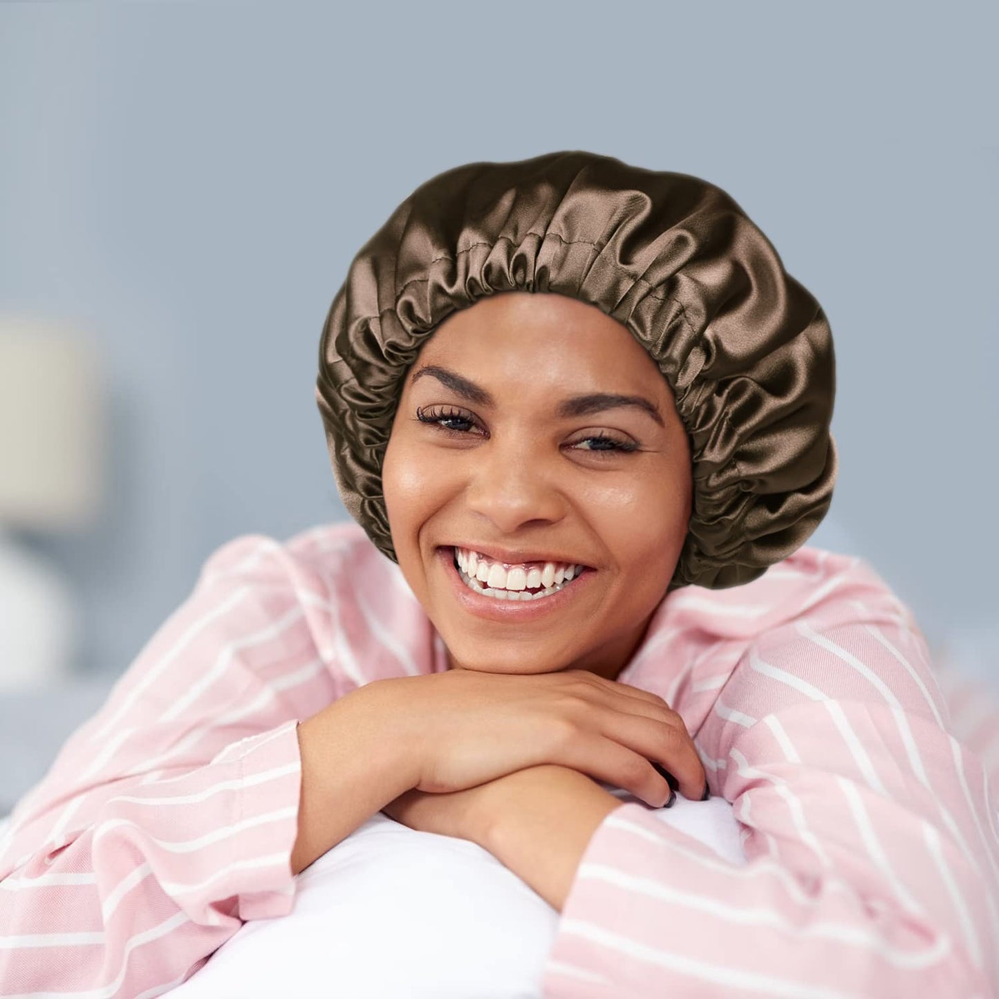 Adjustable Satin Lined Sleeping Cap for Men and Women Reversible Night Hat Brown Beauty and Personal Care Alnorm