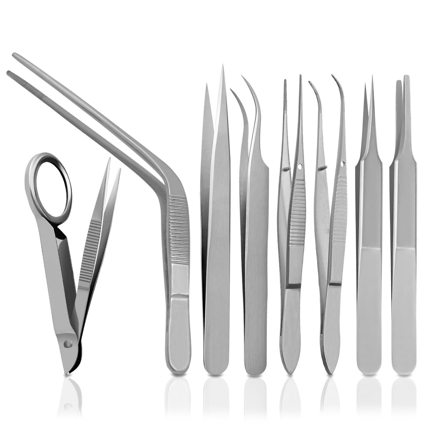 Splinter Forceps - Fine Point - Tweezers Stainless Steel Straight & Curved (Set of 8 Pcs W Magnifying Glass) Beauty and Personal Care SURGICAL ONLINE