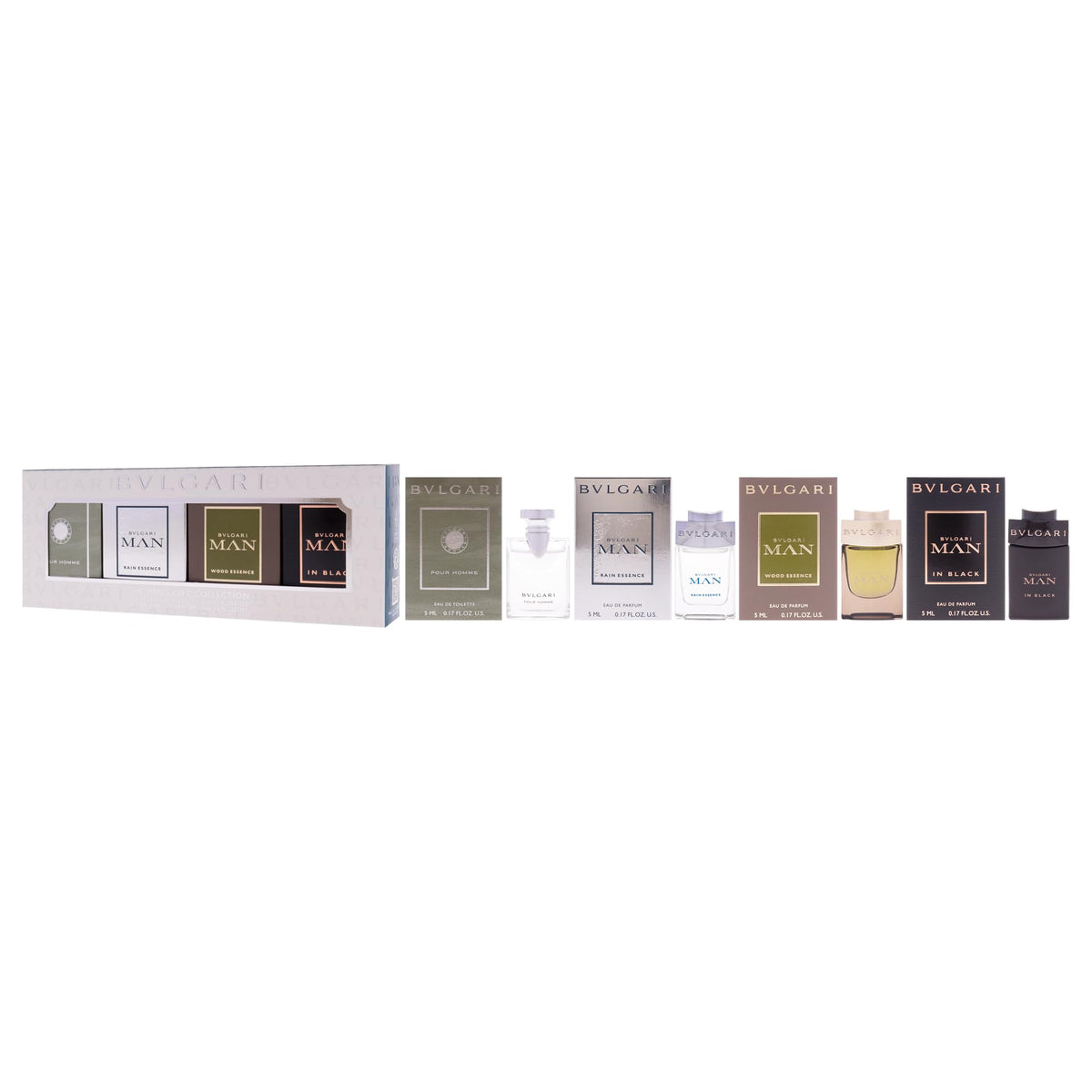 Bvlgari The Mens Gift Collection for Men - 4 Pc Mini Gift Set 5ml Pour Homme(EDT), EDP- Rain Essence, Wood Essence, Man In Black.
