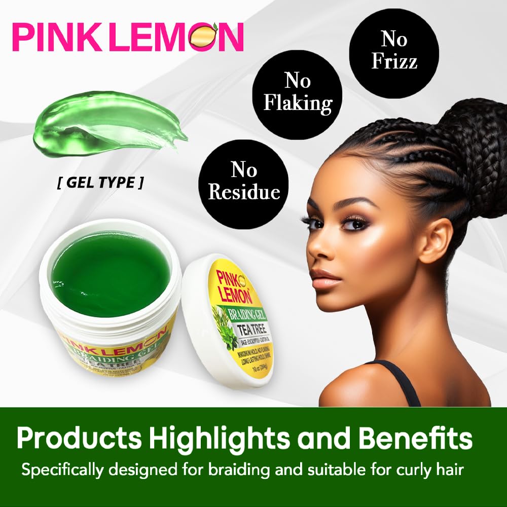 PINK LEMON Braiding Gel - Tea Tree - Maximum Hold, No Flaking, Long Lasting Hold, High Shine. For Micro, Inter, Dread, Faux, Loc, Twist, Braid, Edge Beauty & Personal Care PINK LEMON