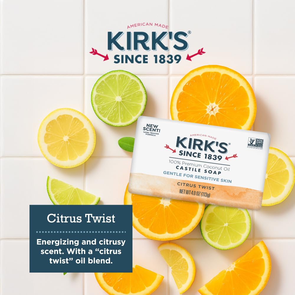 Kirk's Castile Bar Soap, Citrus Twist - Clinically Tested, Safe for Sensitive Skin with Coconut Oil, Vegan and Non-GMO - 4 oz Bars, 6 Pack Beauty & Personal Care Kirk's