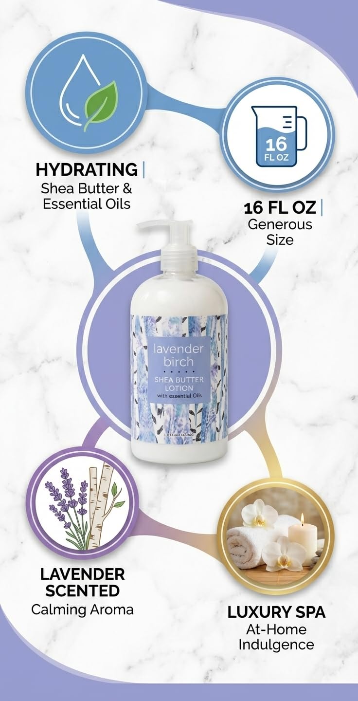 Greenwich Bay Trading Lavender Birch Lotion, 16 fl oz pump bottle. Hydrating body lotion with shea butter, cocoa butter & vitamin E. Soothing lavender Beauty & Personal Care Greenwich Bay Trading Company