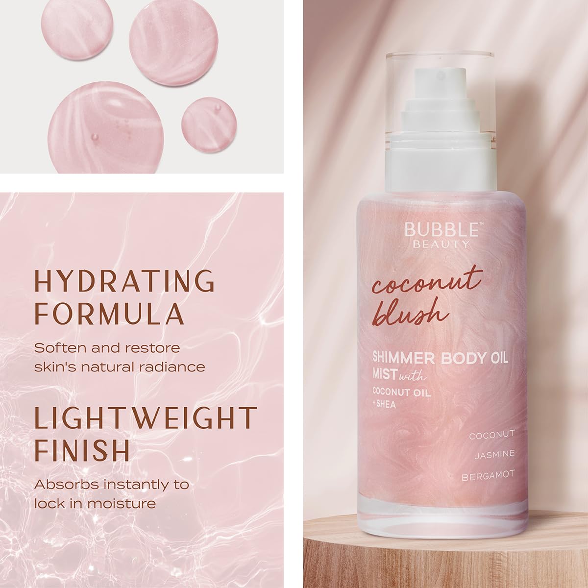 Bubble Beauty Shimmer Body Oil Mist - Coconut Blush | Lightweight Glow-Enhancing Body Mist with Coconut Oil & Shea | Hydrates, Softens & Adds a Subtle Beauty & Personal Care Bubble Beauty