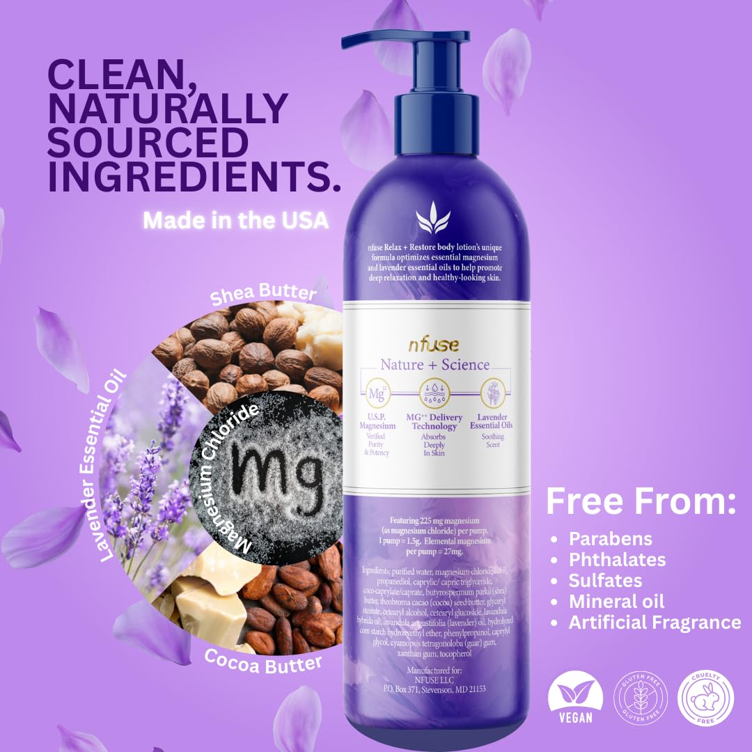 nfuse Magnesium Lotion - 225 mg USP Magnesium Chloride, Lavender Essential Oils, Fast Absorbing, Calming, Stress Relief & Muscle Relaxation - Natural Beauty & Personal Care nfuse