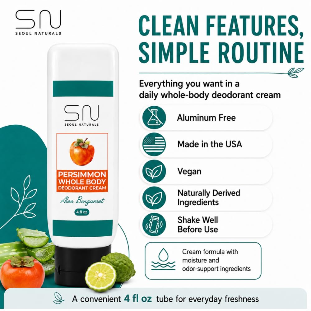 Seoul Naturals Persimmon Whole Body Deodorant Cream 2 Pack, Aloe Bergamot Scented, Eliminates Nonenal Odors, k beauty inspired, 8fl oz, 2 x 4fl oz Beauty and Personal Care Seoul Naturals