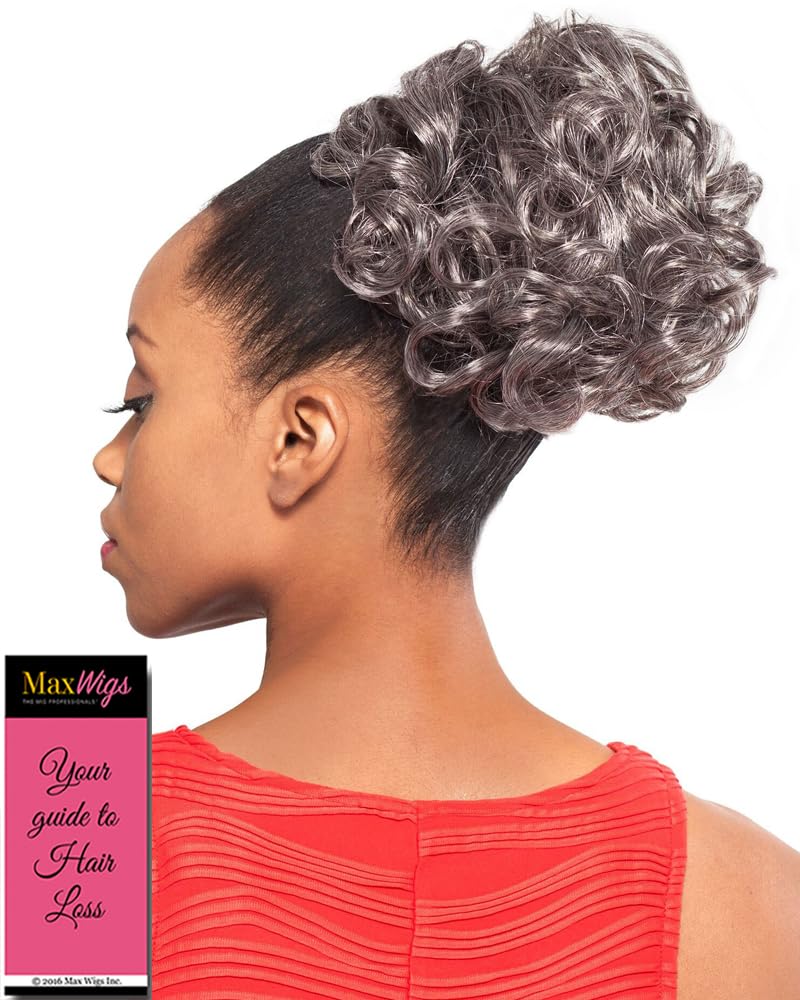 DS004 Curly Ponytail Color 280 - Foxy Silver Wigs 6" Short Length Drawstring Larger Curls Hairpiece Extension Synthetic Black Grey Bun Womens Bundle