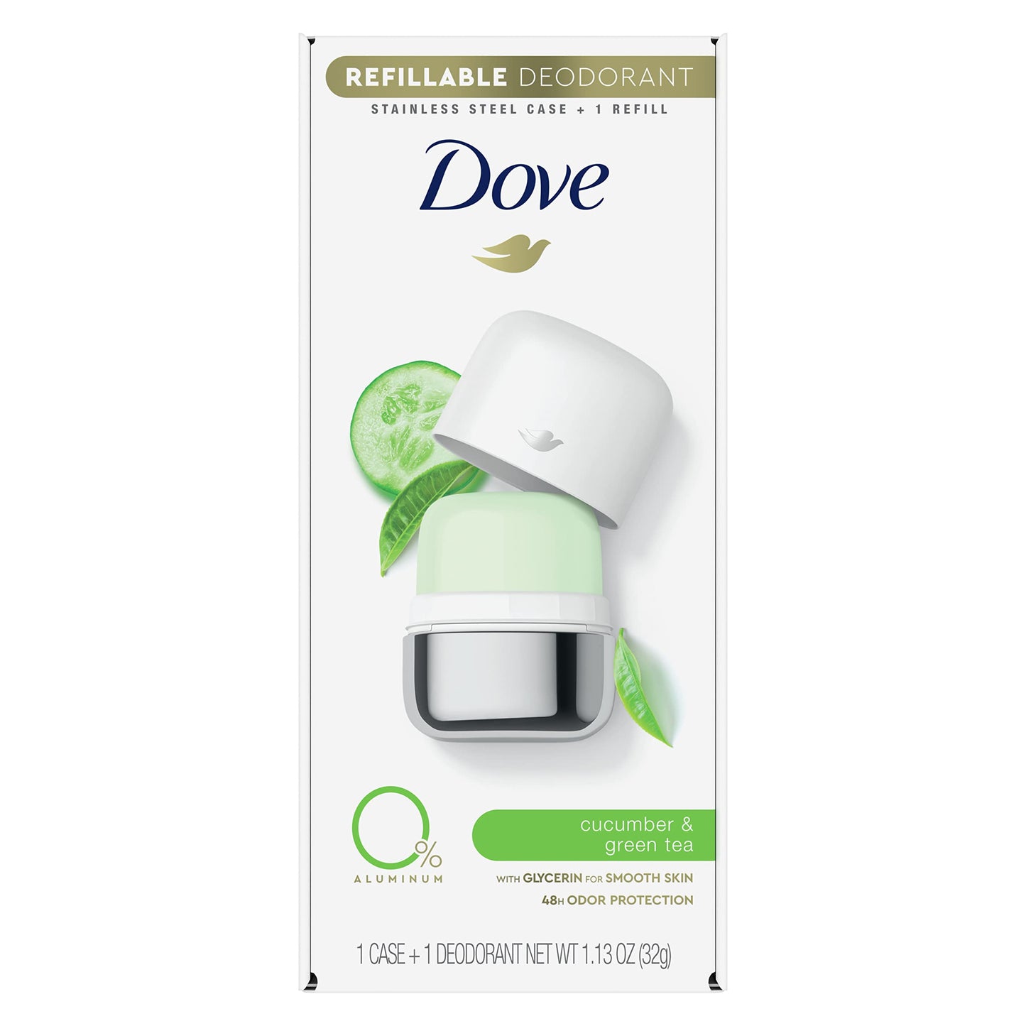 Dove Refillable Deodorant Starter Kit Deodorant For Women Cucumber & Green Tea 0% Aluminum 1.13 oz Beauty and Personal Care Dove