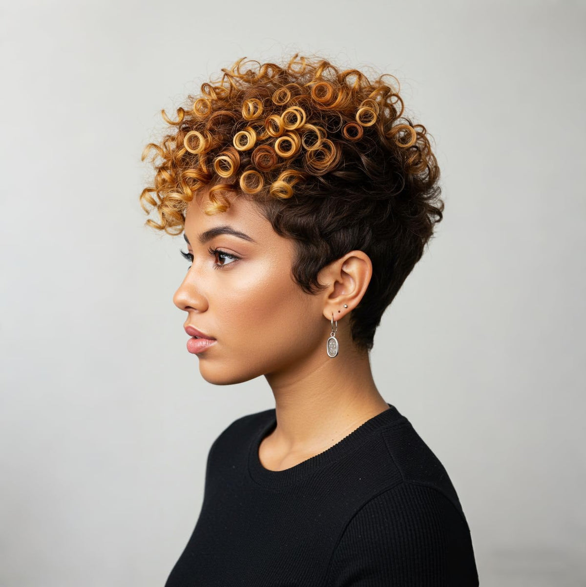 Short Curly Pixie Cut Wig, Two-Tone Black and Blonde Ombre, Synthetic Hair, Natural Looking