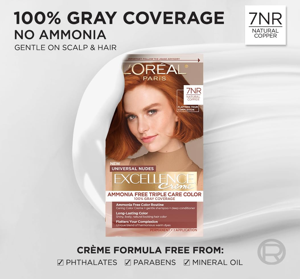 L’Oreal Paris Excellence Universal Nudes Permanent Hair Color, Ammonia Free Hair Dye for Gray Hair Coverage, 7NR Natural Copper, 1 Hair Dye Kit