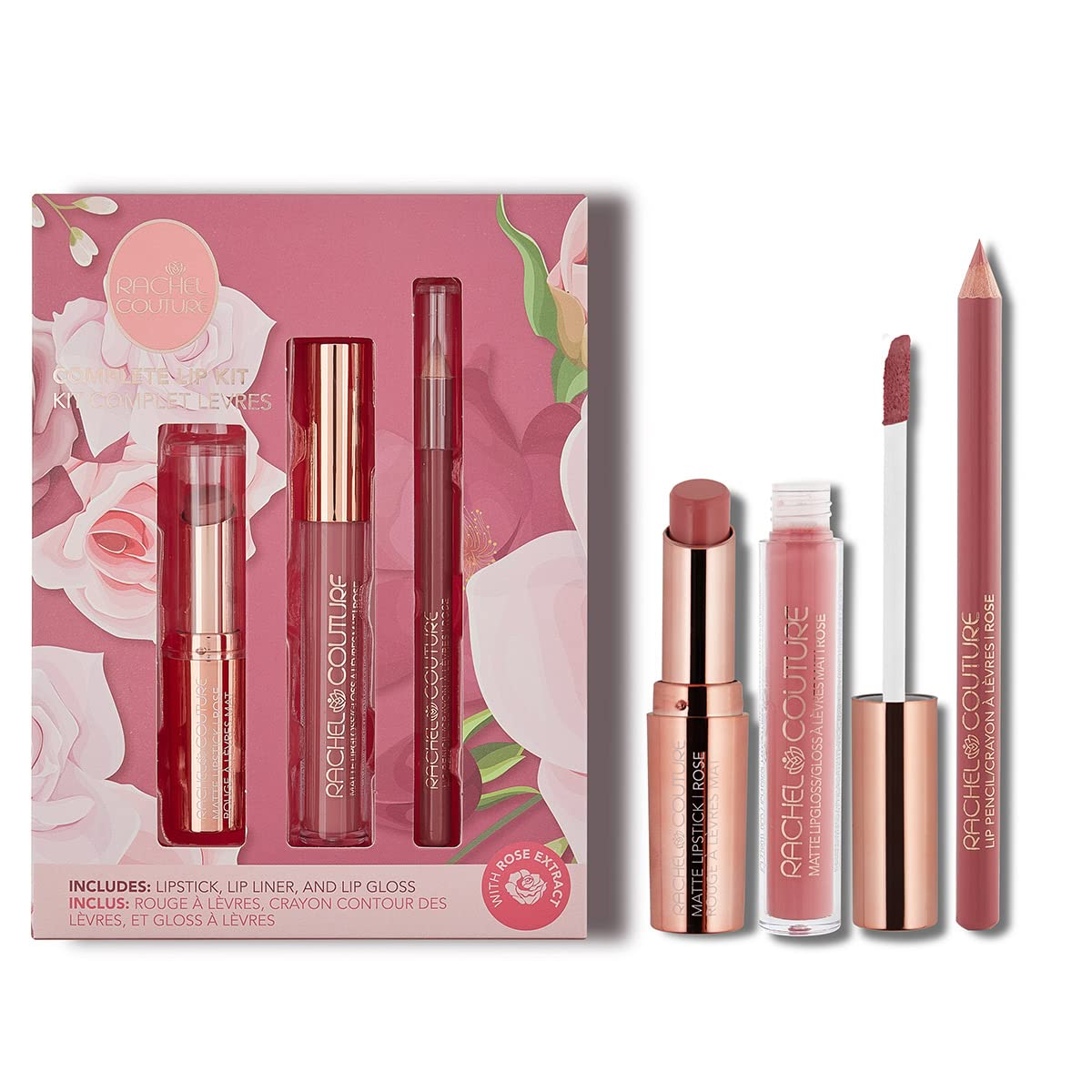 Rachel Couture Complete Lip Kit | Includes Lipstick, Lip Liner & Lip Gloss | Vegan & Cruelty Free | Infused with Rose Extract - Rose Beauty & Personal Care Rachel Couture