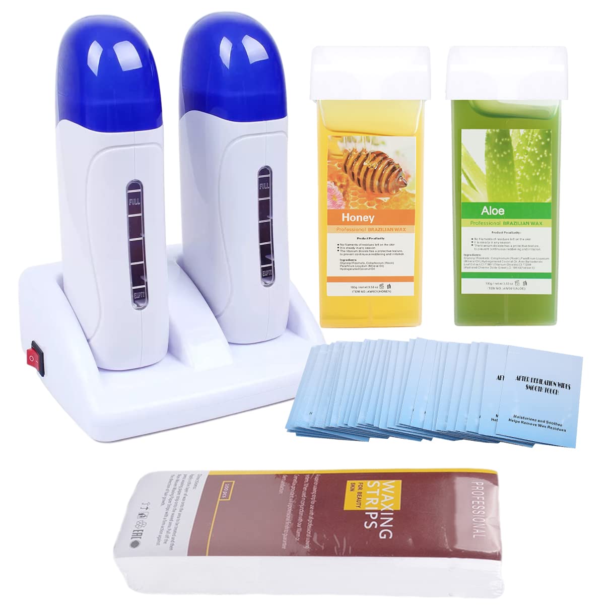Double Depilatory Roll on Wax Heater Roller Warmer Cartridge Strips Hair Removal Kit with ON/OFF Switch (Aloe & Honey Wax Refill) Beauty and Personal Care iMeshbean