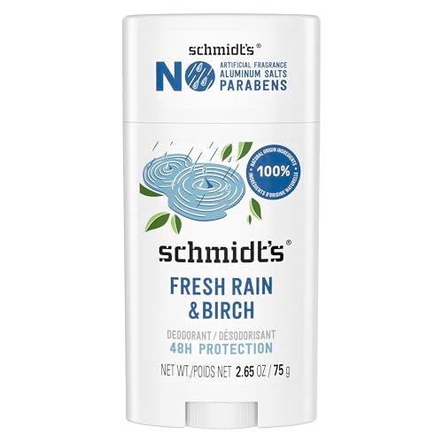 Schmidt's Aluminum-Free Vegan Deodorant Fresh Rain & Birch with 24 Hour Odor Protection, for Women and Men, Natural Ingredients, Cruelty-Free, 2.65 oz Beauty and Personal Care Schmidt's