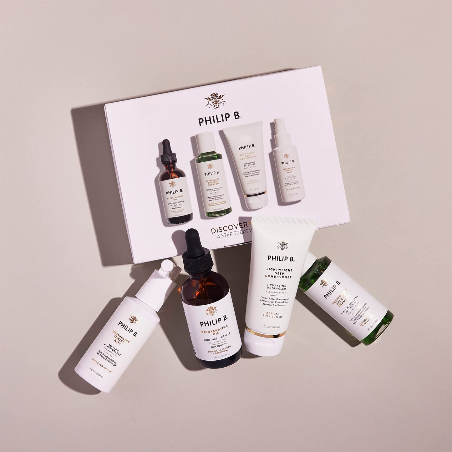 Philip B. 4 Step Discovery Kit - Includes Peppermint Avocado Shampoo, Rejuvenating Oil, Detangling Toning Mist & Lightweight Deep Conditioner, 2 fl oz Beauty & Personal Care PHILIP B