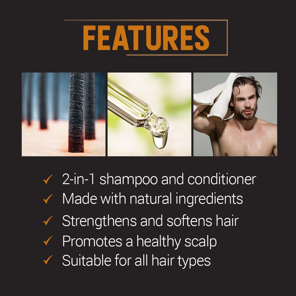Woody’s 2-in-1 Shampoo & Conditioner - Men’s Hair Cleanser with Saw Palmetto, Soy Protein, Peppermint & Menthol Scalp Care, Paraben & Sulfate-Free, 12
