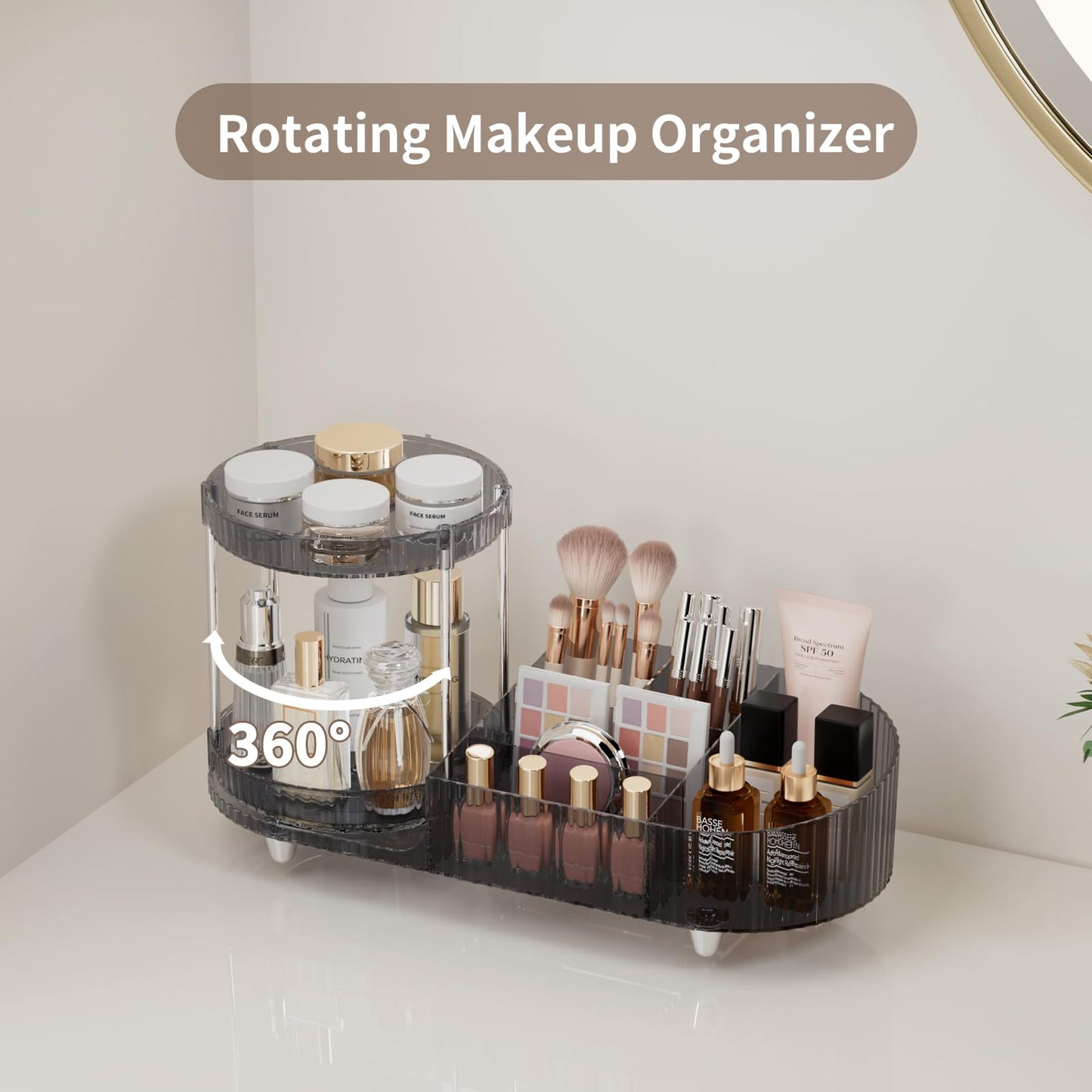 Makeup Organizer Countertop for Vanity, 360 Rotating Perfume Tray with 5-compartment Cosmetic and Skincare Organizers, Multi-Purpose Desk Storage Beauty and Personal Care Jywantful