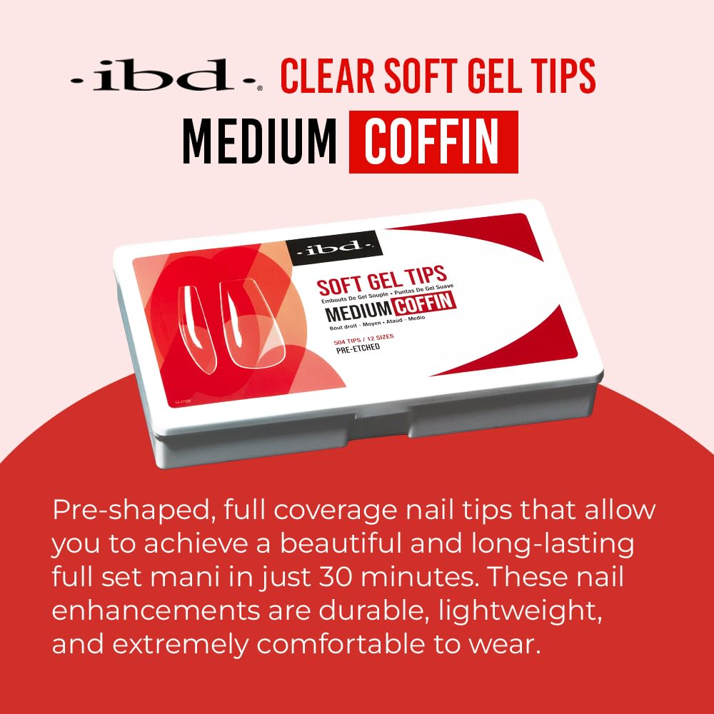 IBD Clear Soft Gel Nail Tips - Medium Coffin Shape, Pre-Etched Fake Nail Extensions for Durable and Easy Application, Acrylic Press On Nails, 504