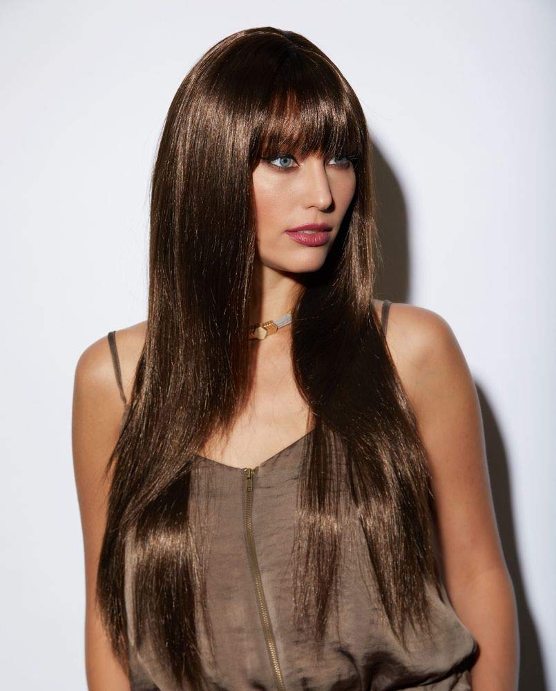 Jewell Blush Wig Color Chocolate - Sepia Wigs 30" Long Straight Layered Synthetic Fiber Full Bangs Fantasy Sexy Costume Dark Brown
