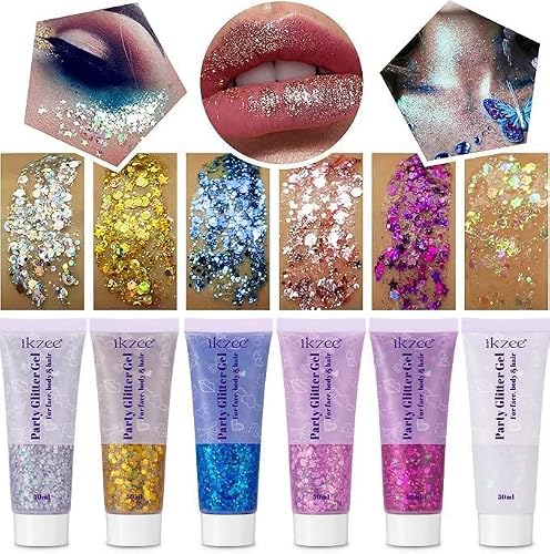 6Pcs Body Glitter for Women - Holiday Glitter Gel for Face &Body & Hair & Nail DIY?Hair Glitter Gel Create A Stunning Visual Feast ?Multiple Purpose Beauty & Personal Care YMFGPFYL